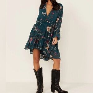 Free People Cherry Blossom Mini Dress Size S in Emerald Combo Long Sleeves Flowy